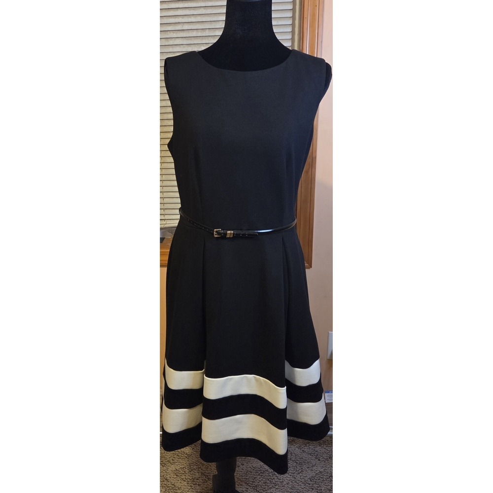 Calvin Klein Black White Colorblock Belted Fit Flare Dress 6